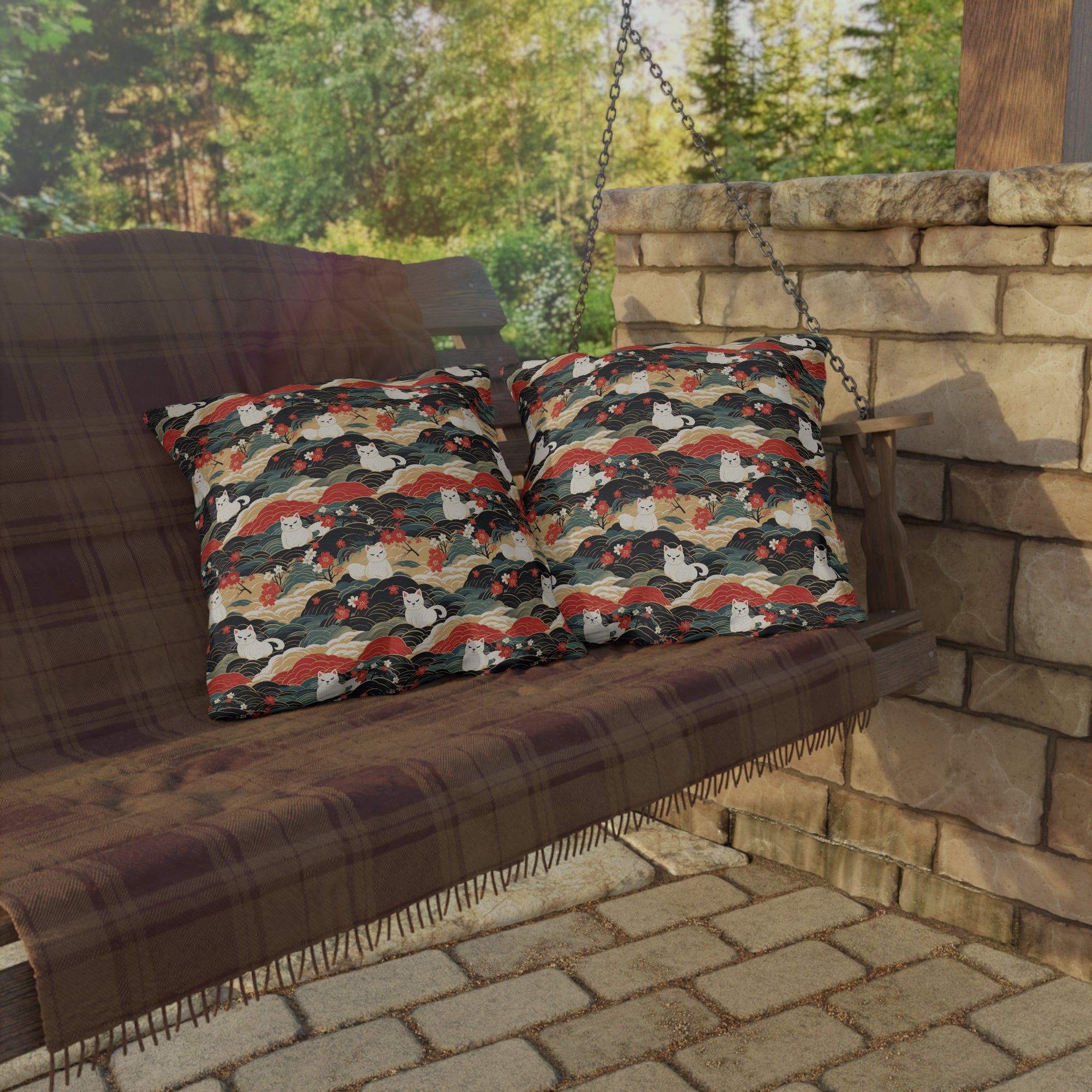 Outdoor Pillow - A beautiful, Japanese-inspired illustration of tranquil white cats resting on rolling clouds with vibrant red and white cherry blossoms.