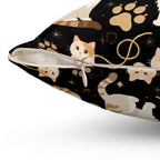 Indoor Square Pillow - Elegant felines and sparkling gold yarn on black, adorable cats with golden paw prints, sophisticated pet motif, charming animal pattern, cozy and warm artistic illustration