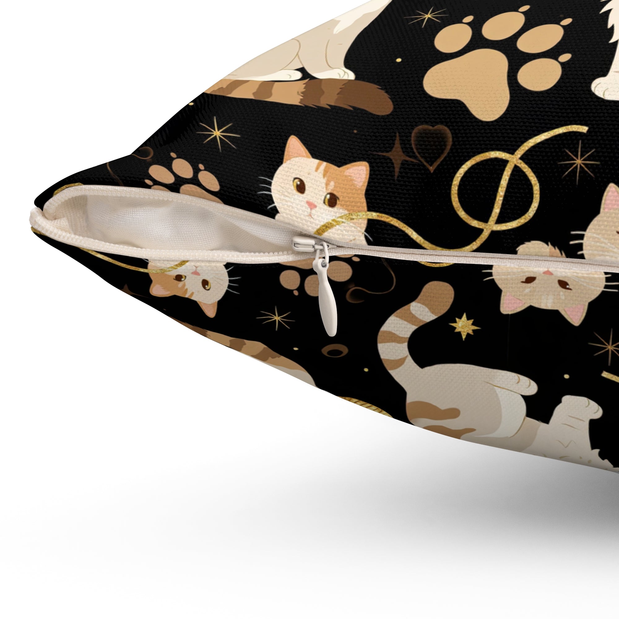 Indoor Square Pillow - Elegant felines and sparkling gold yarn on black, adorable cats with golden paw prints, sophisticated pet motif, charming animal pattern, cozy and warm artistic illustration