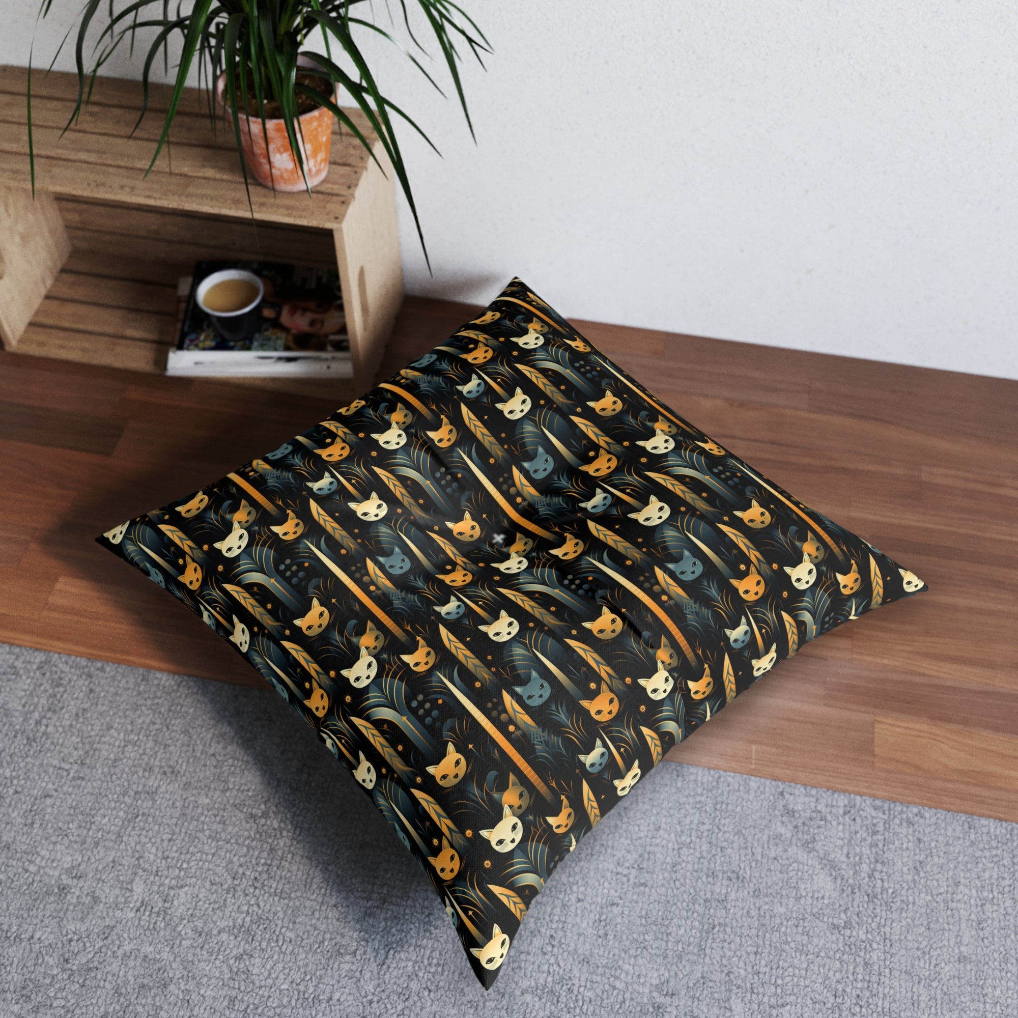 Indoor Square Floor Pillow - A sleek and stylish Art Deco-inspired pattern depicting a serene nocturnal landscape with streamlined cat silhouettes and radiating golden light among abstract plants.