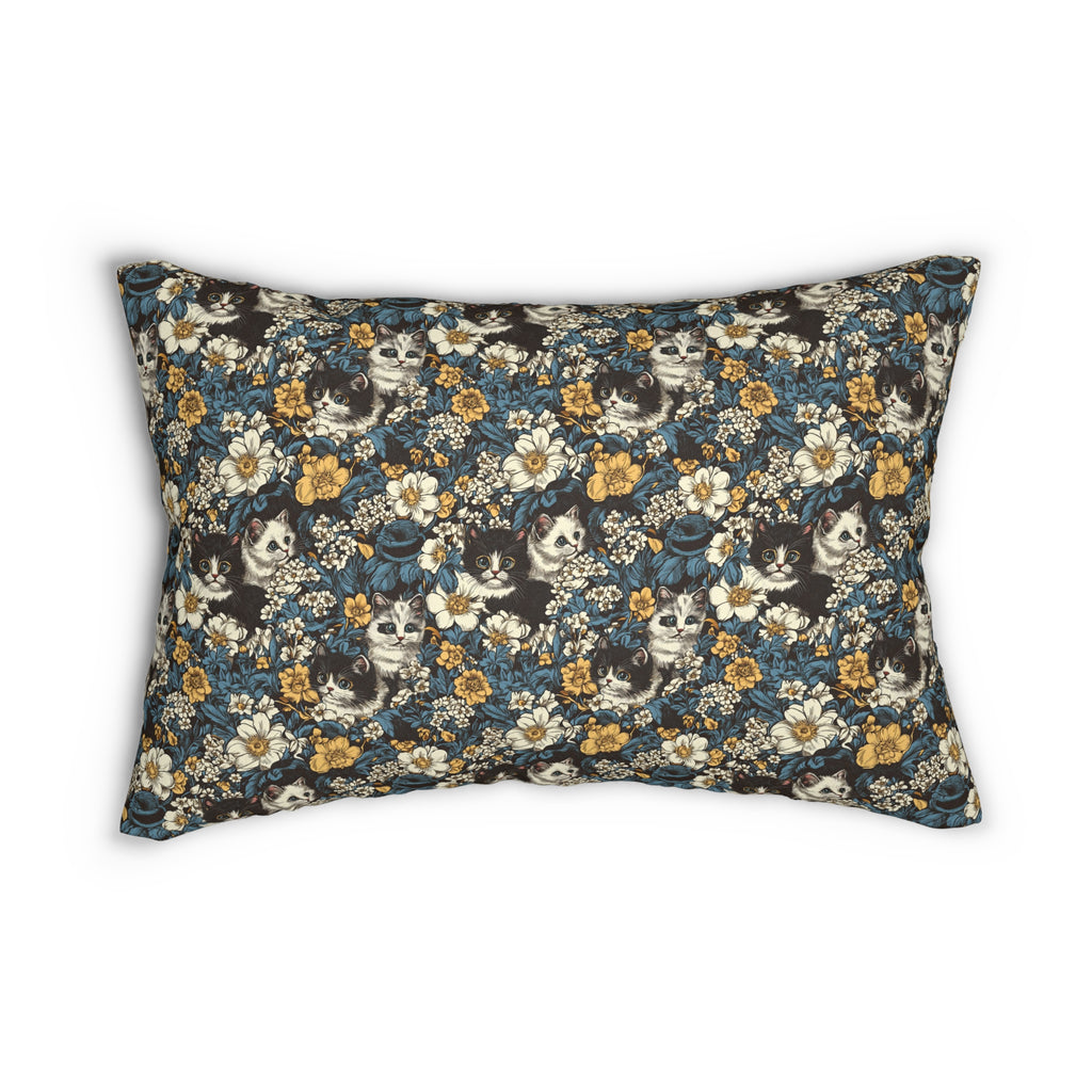 Indoor Lumbar Pillow - Black and White Kittens with Yellow and White Flowers, Dark Blue Leaves, Vintage Charm