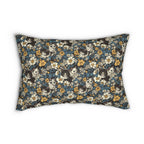 Indoor Lumbar Pillow - Black and White Kittens with Yellow and White Flowers, Dark Blue Leaves, Vintage Charm