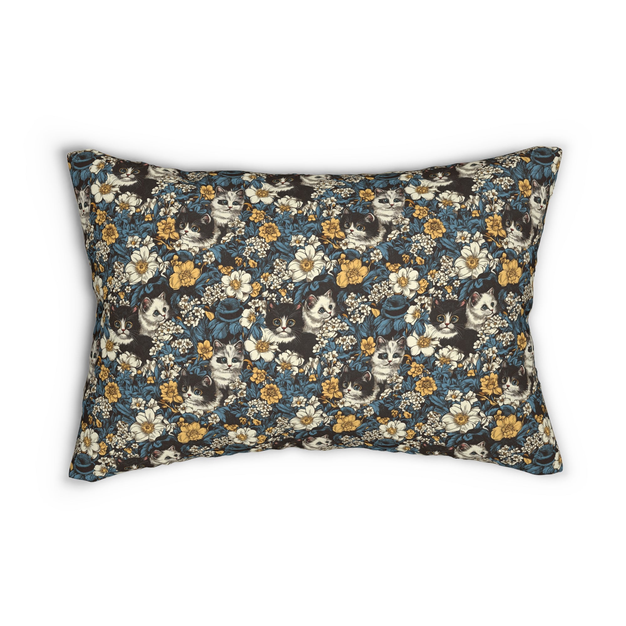 Indoor Lumbar Pillow - Black and White Kittens with Yellow and White Flowers, Dark Blue Leaves, Vintage Charm