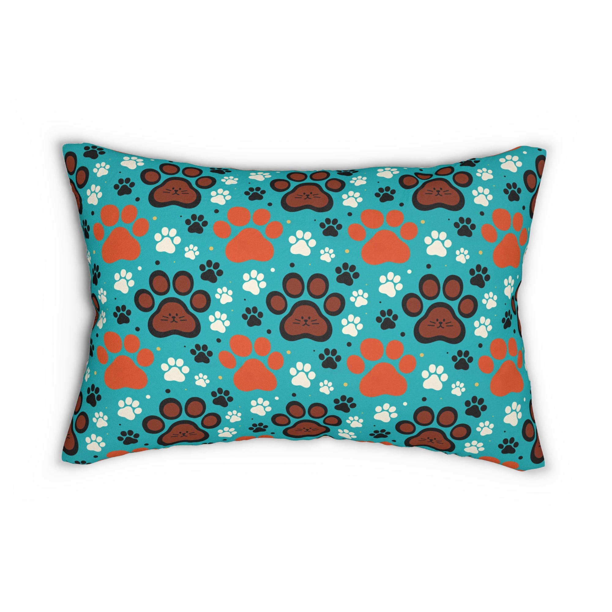 Indoor Lumbar Pillow - Colorful folk art patterned cats, vibrant orange and teal hues, playful felines with yarn and paw prints, bohemian animal illustration, cream background, artistic and cheerful design