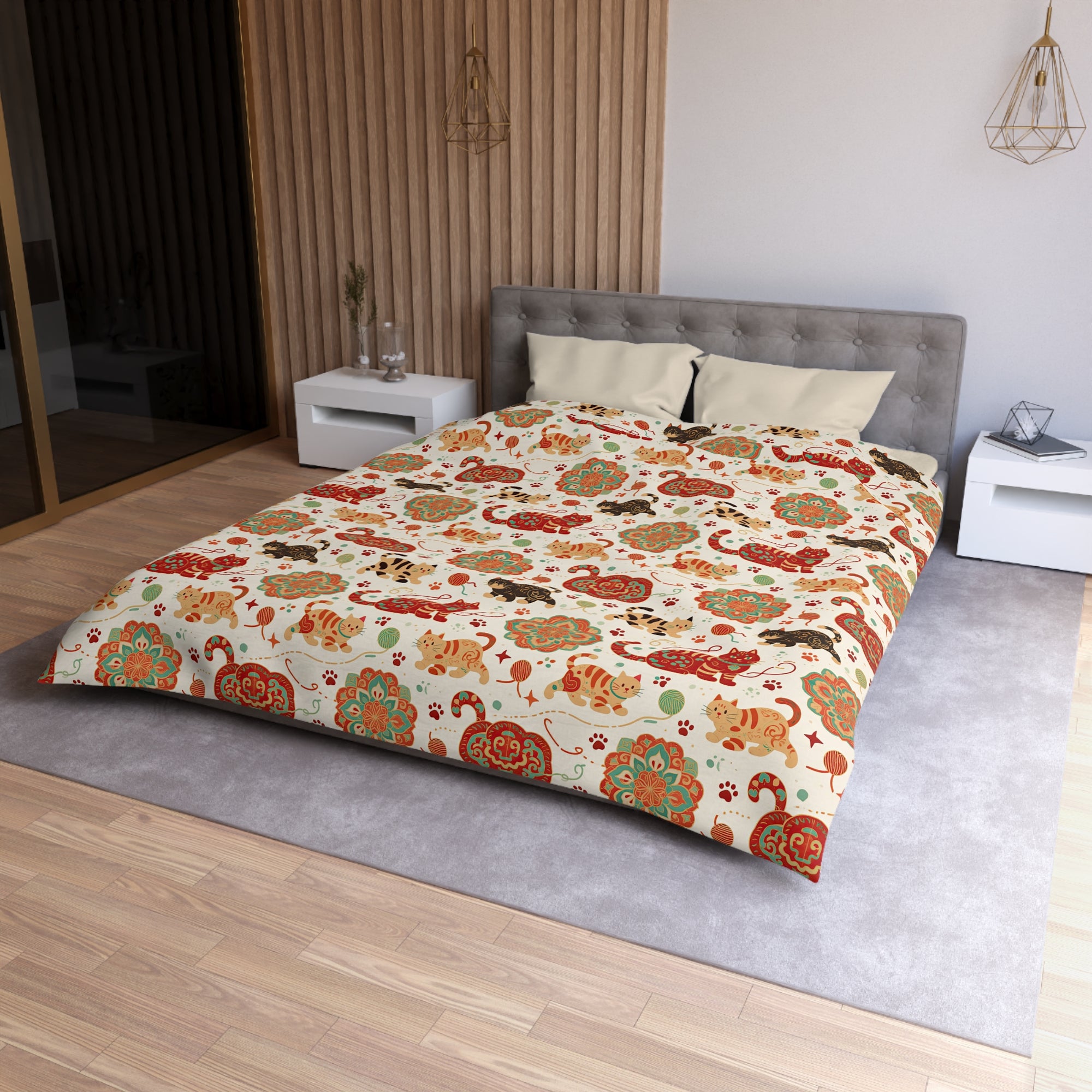 Duvet Cover - Vibrant boho chic cats and mandalas, colorful folk art style, playful felines with yarn and paw prints, artistic and bohemian cat design, cream background, unique animal print