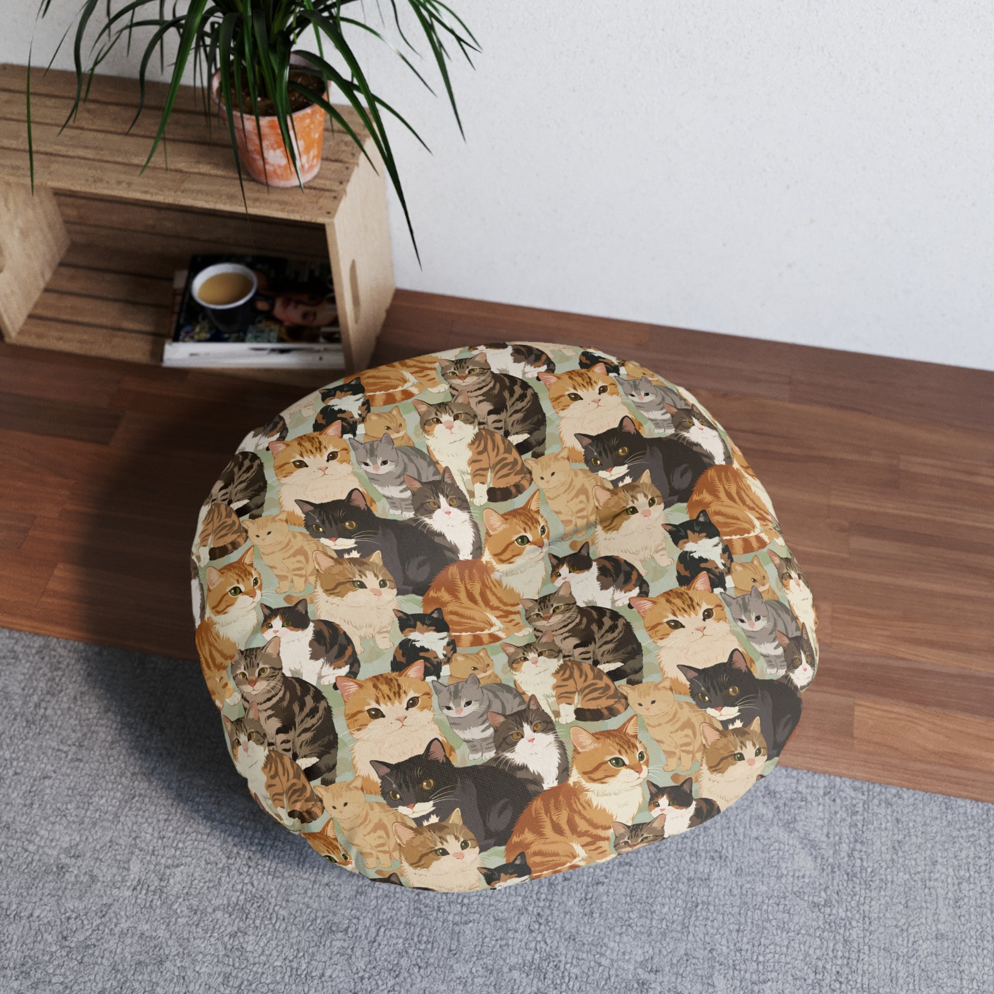 Indoor Round Floor Pillow - A Densely Packed Gathering of Adorable Felines Featuring a Wide Range of Breeds and Playful Expressions in Close Proximity