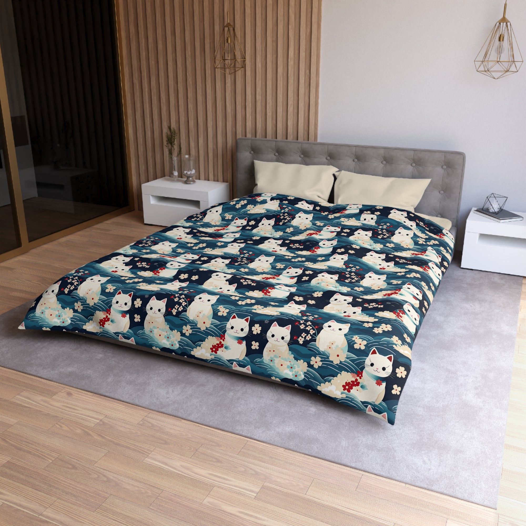 Duvet Cover - A lovely, playful, Japanese-inspired illustration of sweet white cats sitting on rolling blue waves with red and white flowers and gentle clouds.