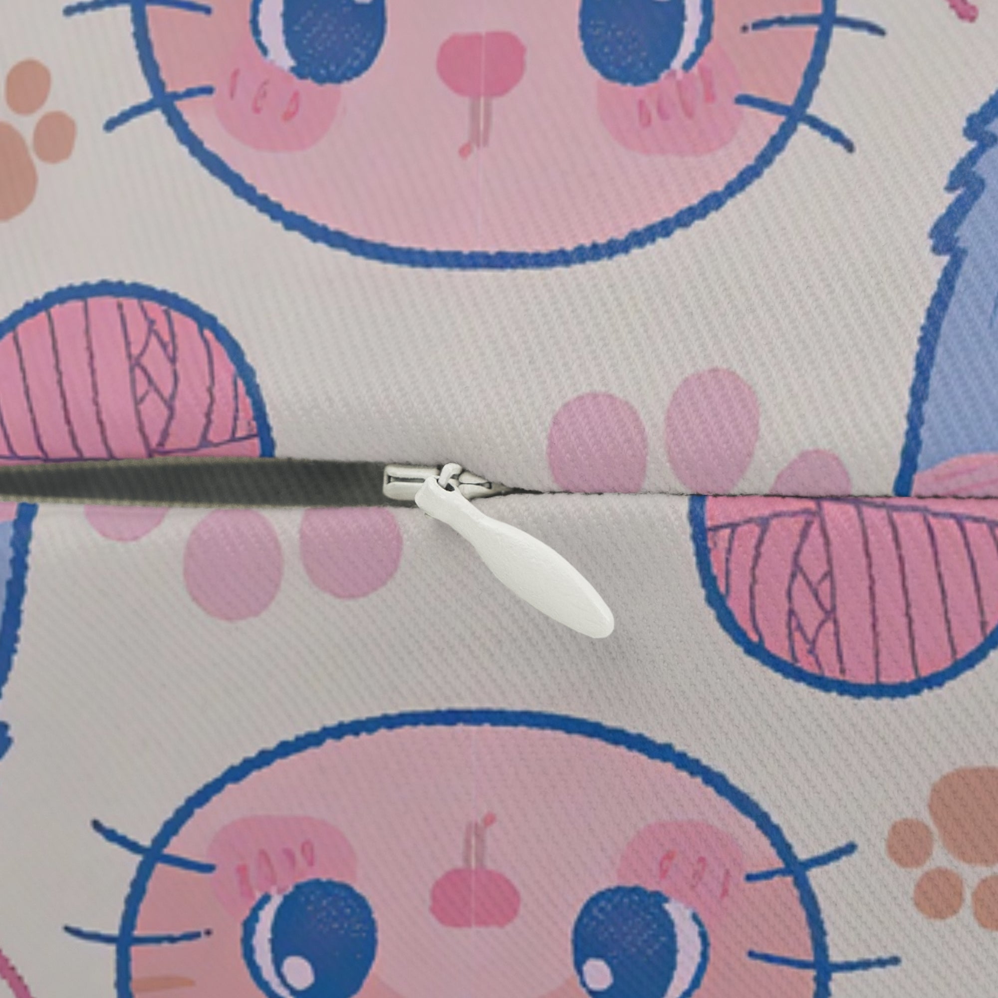 Indoor Lumbar Pillow - Sweet pastel blue and pink cartoon cats, cute kawaii style kittens with yarn and paw prints, charming and playful animal design, light cream background, delightful pet pattern