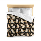 Duvet Cover - Elegant felines and sparkling gold yarn on black, adorable cats with golden paw prints, sophisticated pet motif, charming animal pattern, cozy and warm artistic illustration