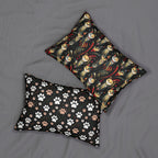 Indoor Lumbar Pillow - A bold and striking Art Deco pattern showcasing stylized feline portraits with sharp, gold lines and geometric shapes set against a dark, dramatic background.