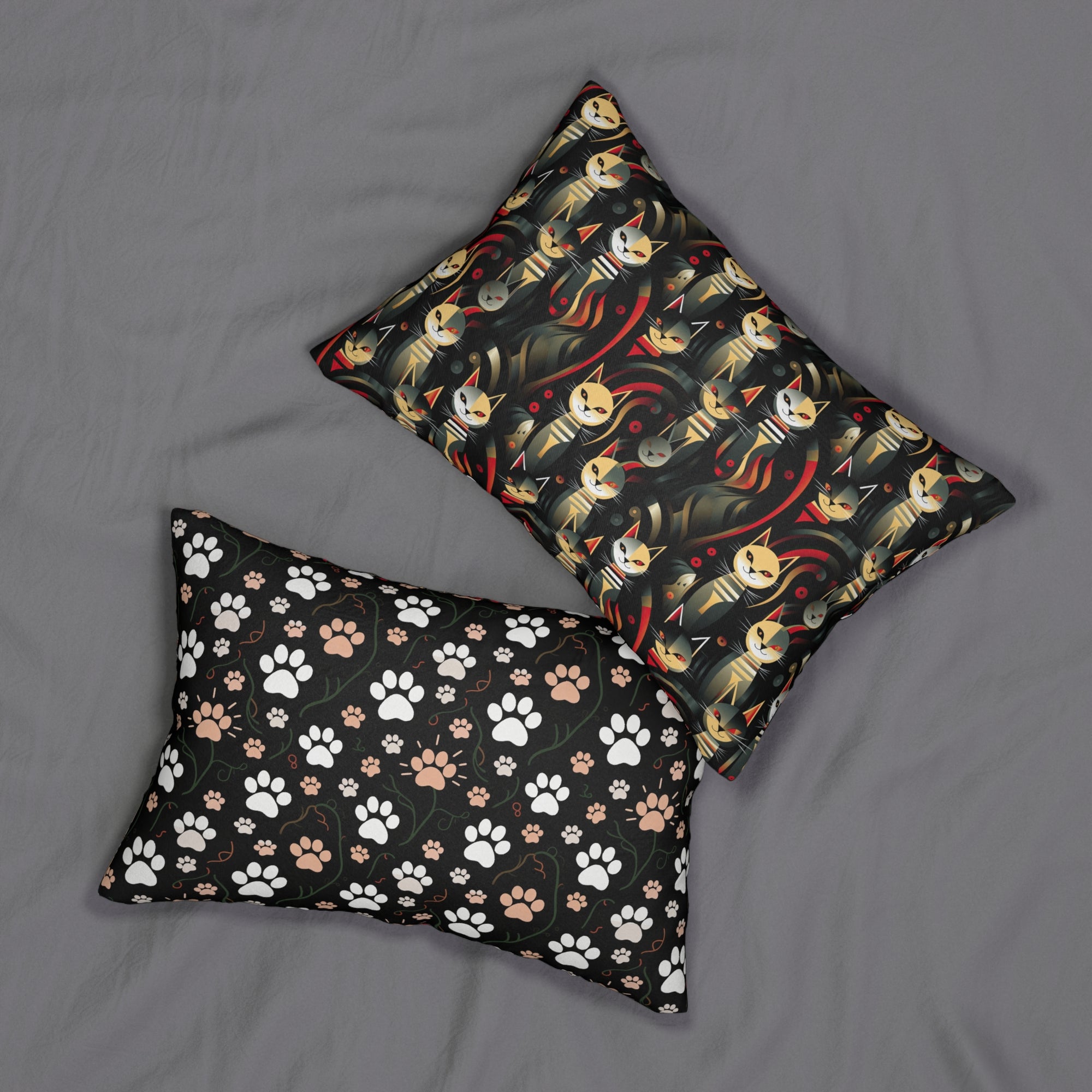 Indoor Lumbar Pillow - A bold and striking Art Deco pattern showcasing stylized feline portraits with sharp, gold lines and geometric shapes set against a dark, dramatic background.