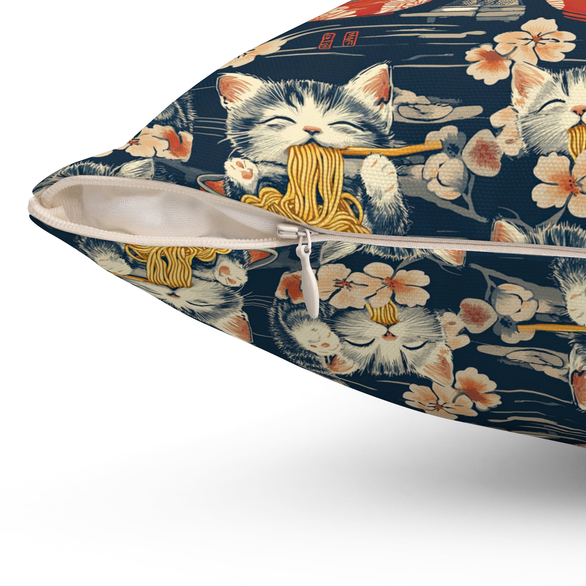 Indoor Square Pillow - A charming and detailed illustration of happy kittens in red ramen bowls eating their noodles with chopsticks among beautiful pink cherry blossoms on a dark background.