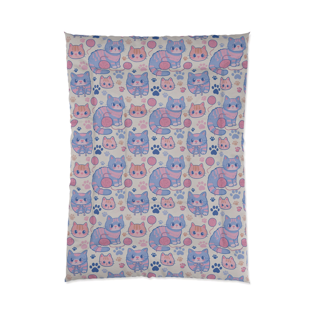 Comforter - Sweet pastel blue and pink cartoon cats, cute kawaii style kittens with yarn and paw prints, charming and playful animal design, light cream background, delightful pet pattern