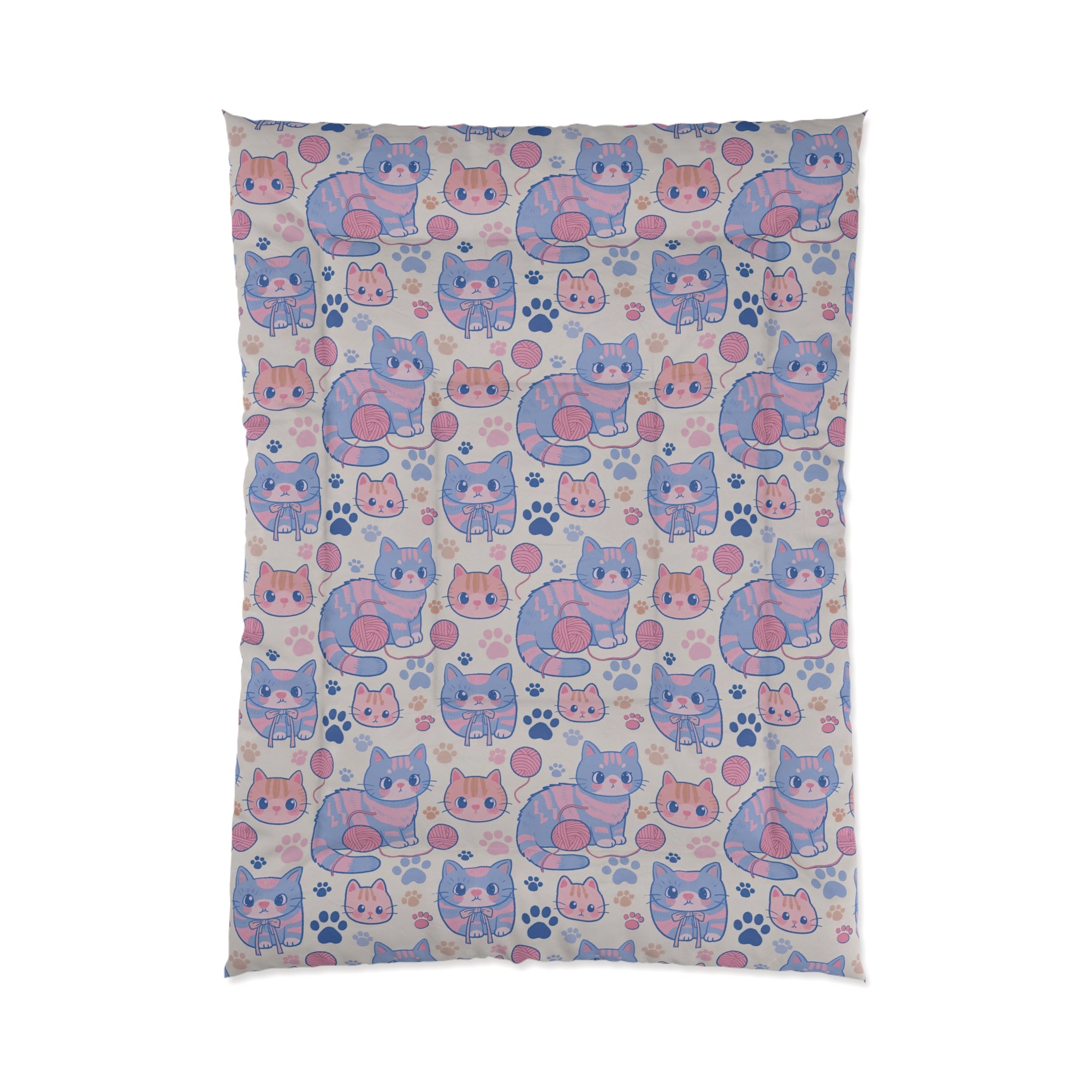 Comforter - Sweet pastel blue and pink cartoon cats, cute kawaii style kittens with yarn and paw prints, charming and playful animal design, light cream background, delightful pet pattern