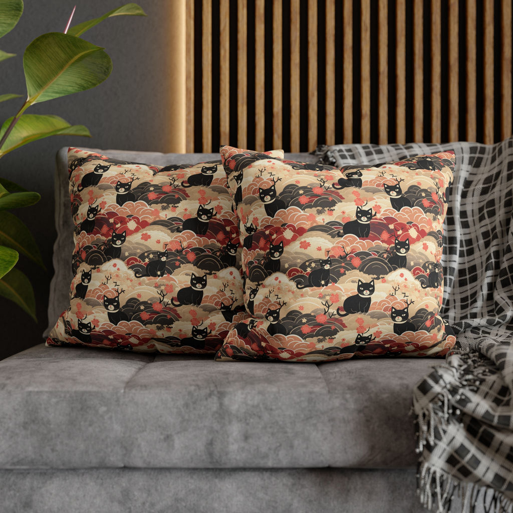 Square Pillowcase - A whimsical and enchanting Japanese-style pattern featuring cute black and orange cats nestled among vibrant orange blossoms and soft, cloudy backgrounds.