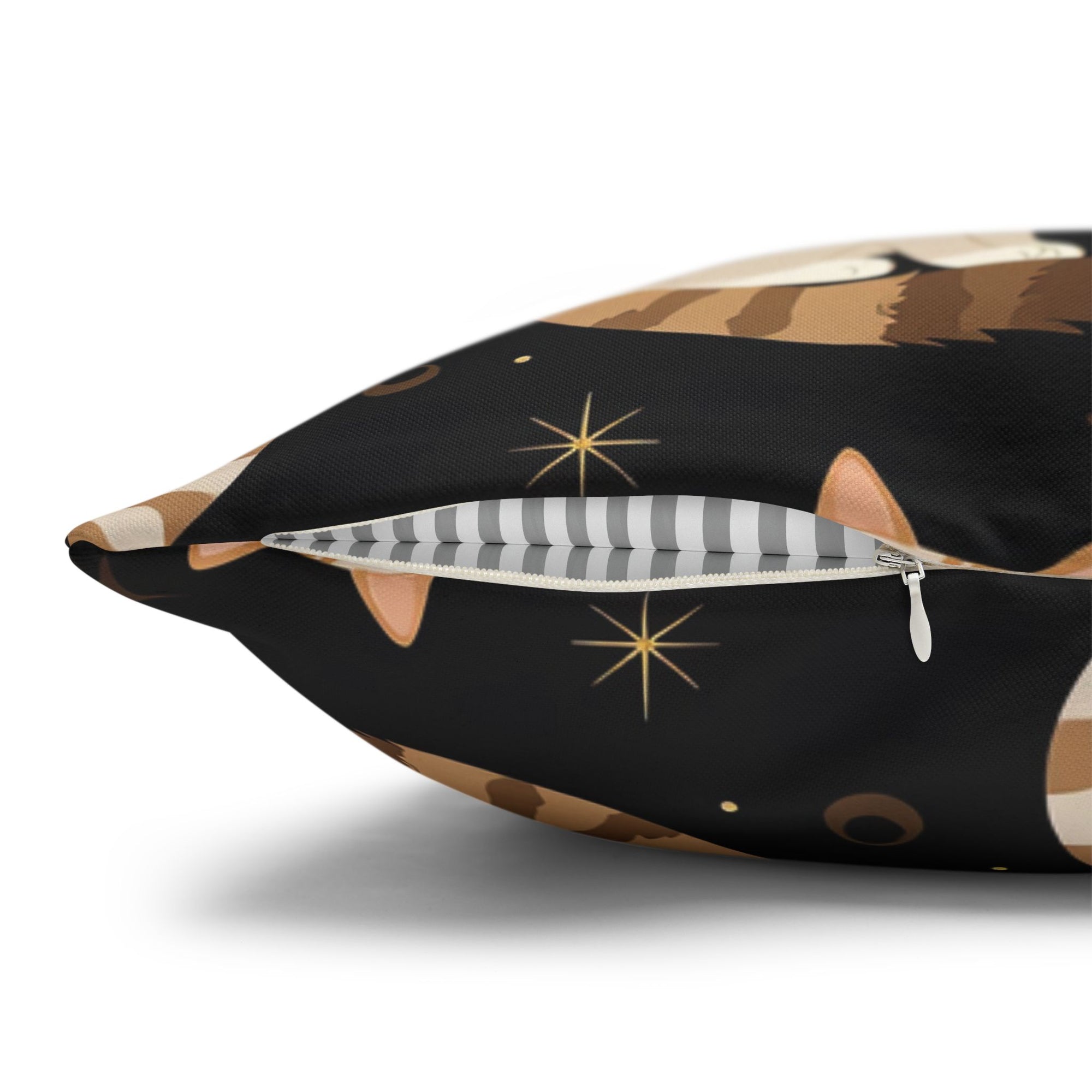 Square Pillowcase - Elegant felines and sparkling gold yarn on black, adorable cats with golden paw prints, sophisticated pet motif, charming animal pattern, cozy and warm artistic illustration