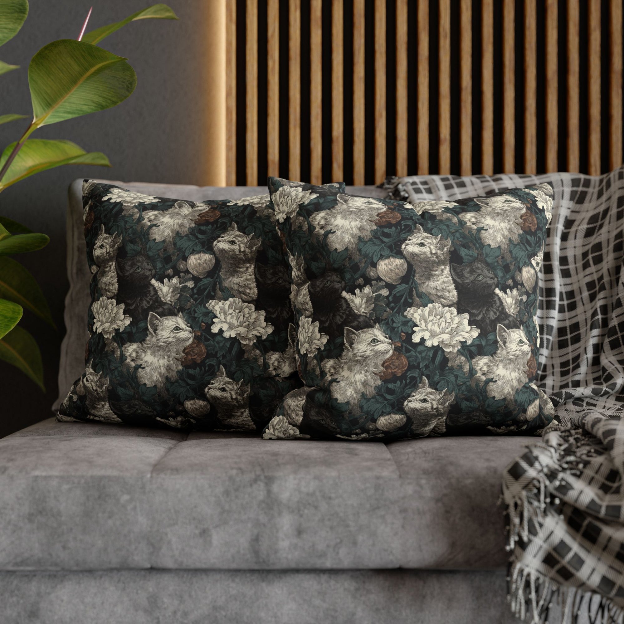 Square Pillowcase - Grey and White Kittens with Creamy White Flowers and Dark Green Foliage, Elegant Vintage Vibe