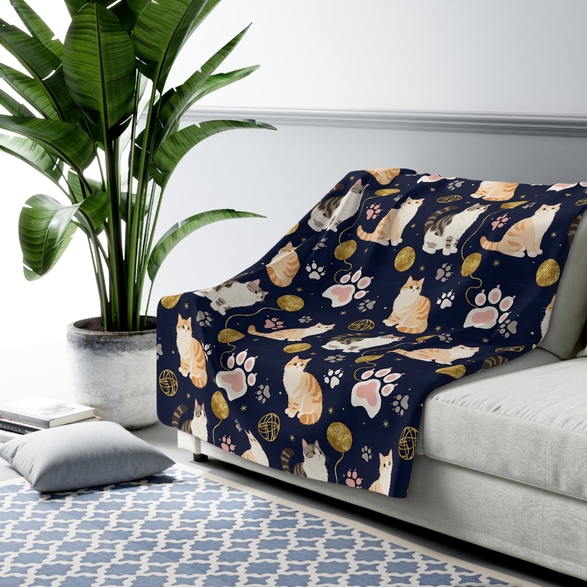 Sherpa Blanket - Charming cats and golden yarn playful design, cute kittens with paw prints, whimsical animal art for cat lovers, dark blue background, delightful pet themed illustration