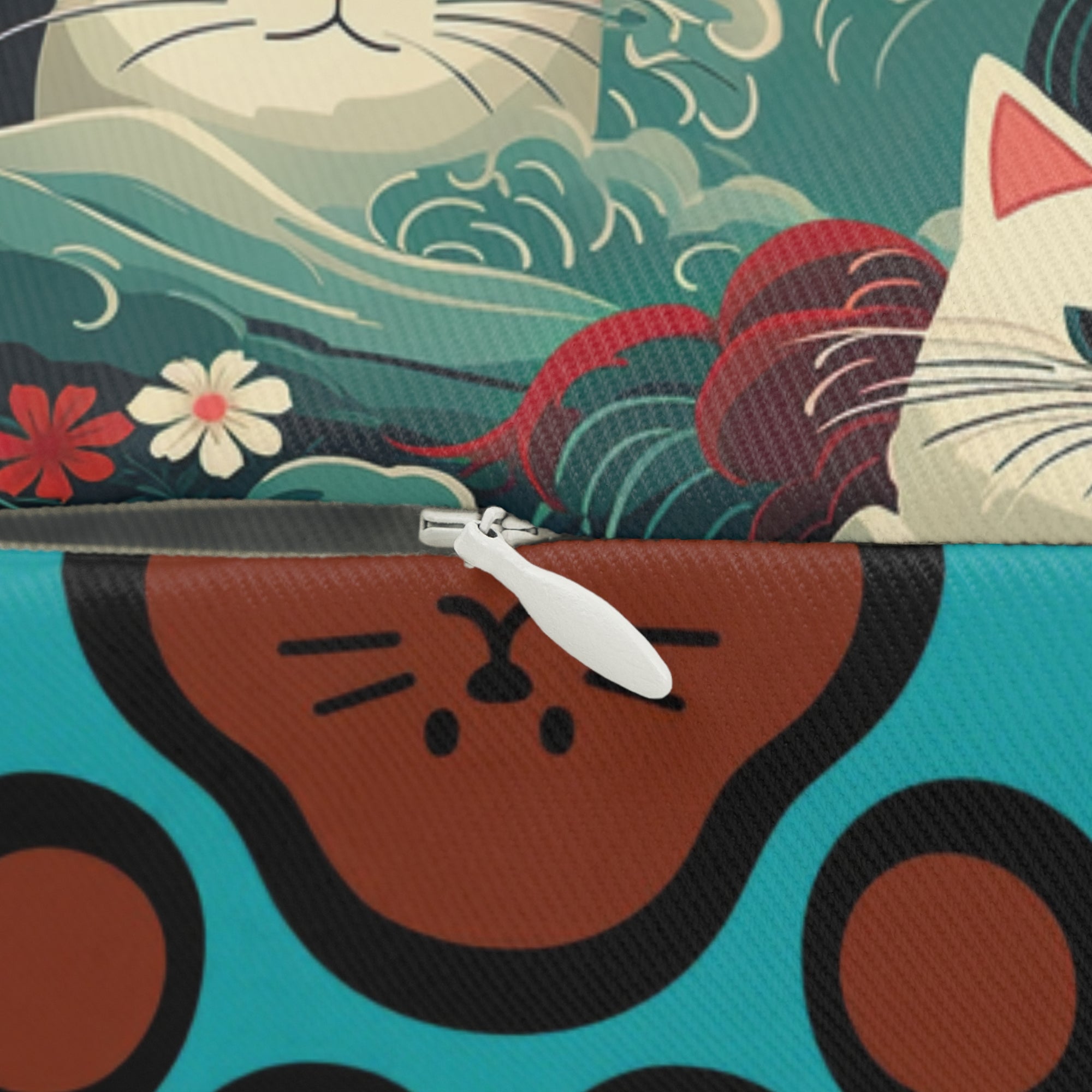 Indoor Lumbar Pillow - A dramatic and powerful Japanese woodblock print-style illustration of cats amidst powerful waves, red flowers, and white cherry blossoms.