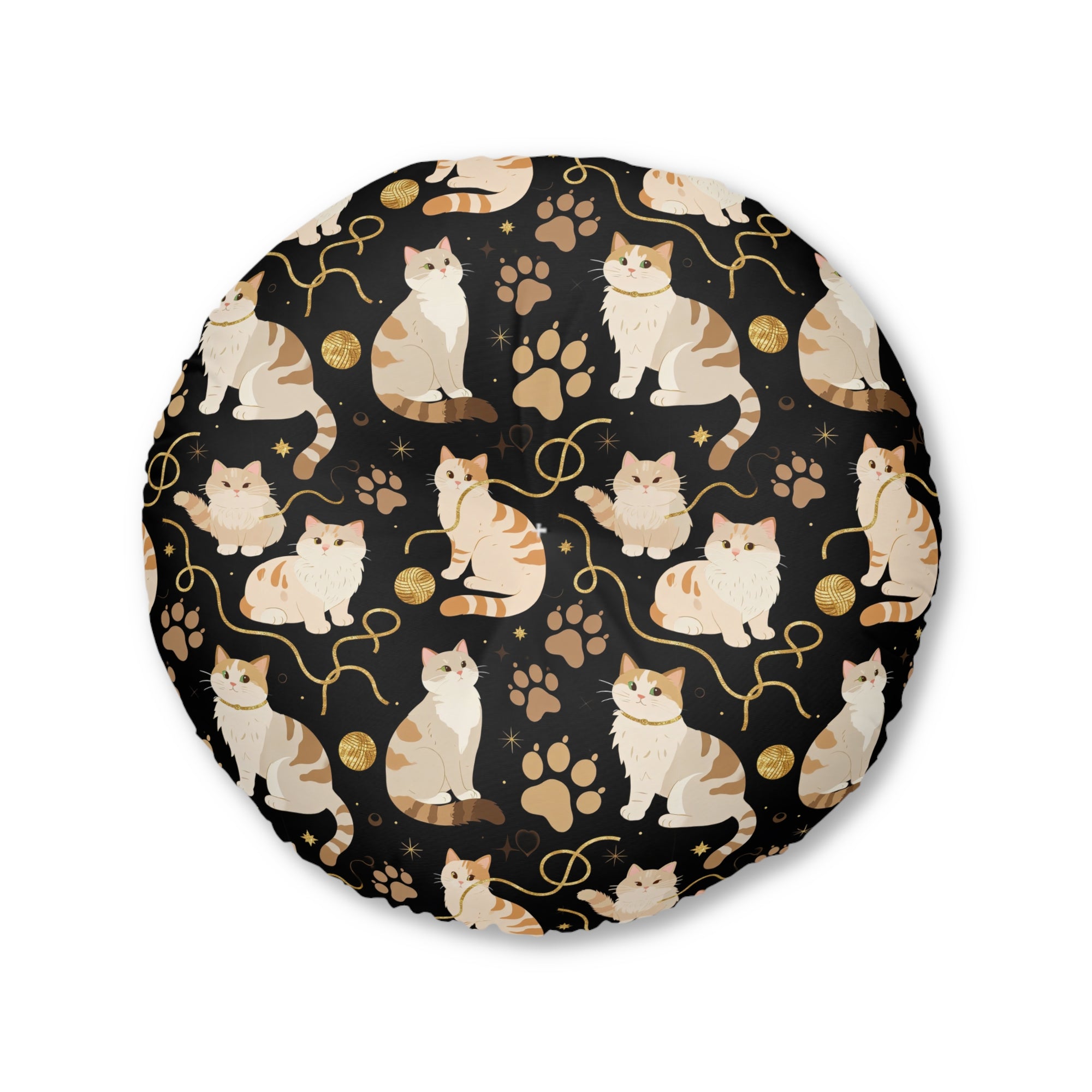 Indoor Round Floor Pillow - Charming cats and golden yarn playful design, cute kittens with paw prints, whimsical animal art for cat lovers, dark blue background, delightful pet themed illustration