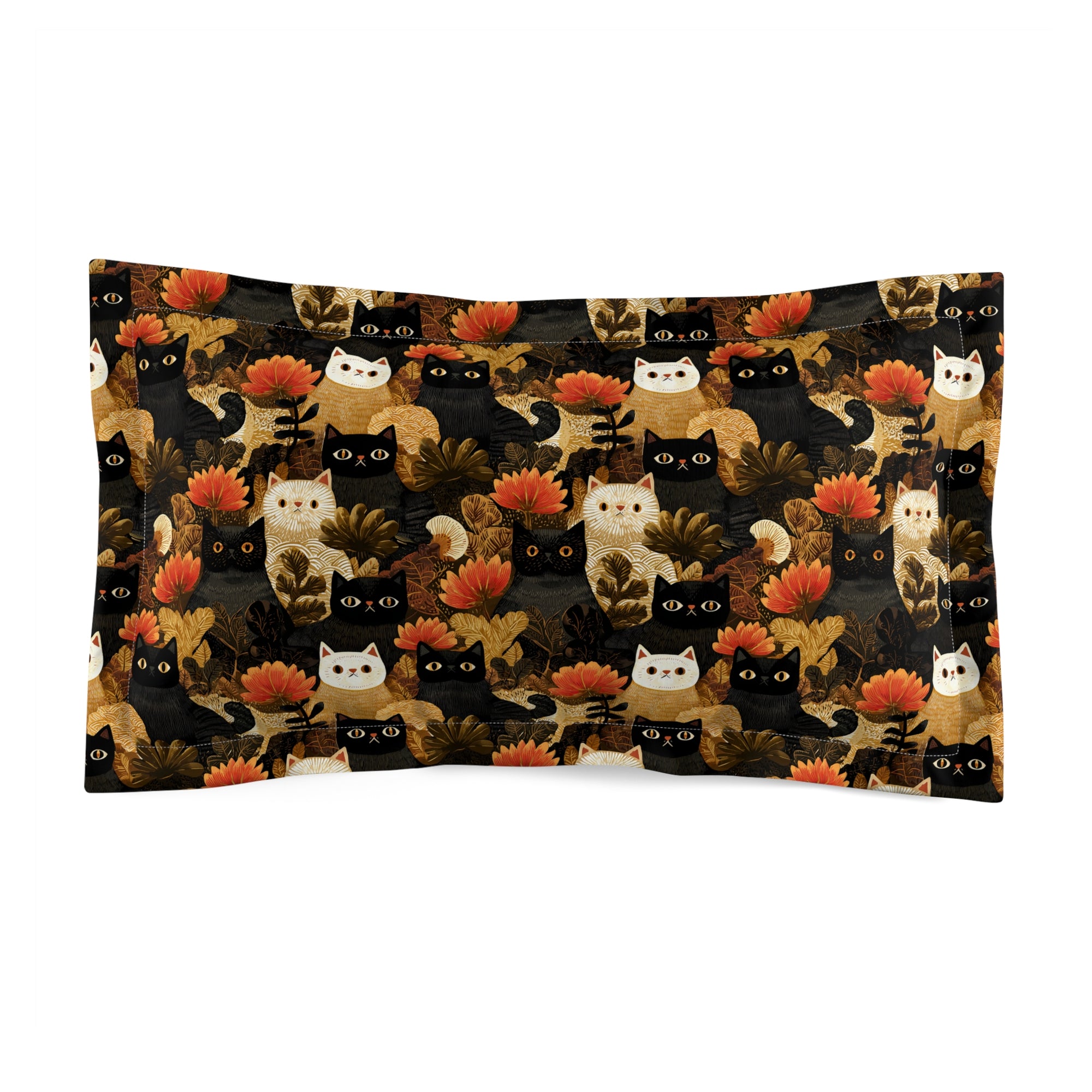 Pillow Sham - A dark and fantastical illustrative painting of many different cats and plants, creating a dense, mysterious, and golden jungle or forest scene.