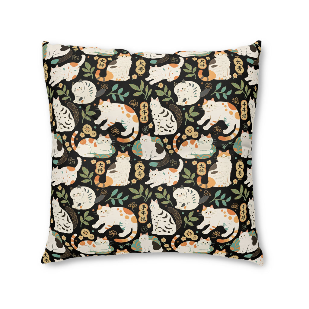 Indoor Square Floor Pillow - Traditional Japanese Maneki-Neko Cats and Auspicious Symbols Grace a Dark Background in this Fortunate Pattern