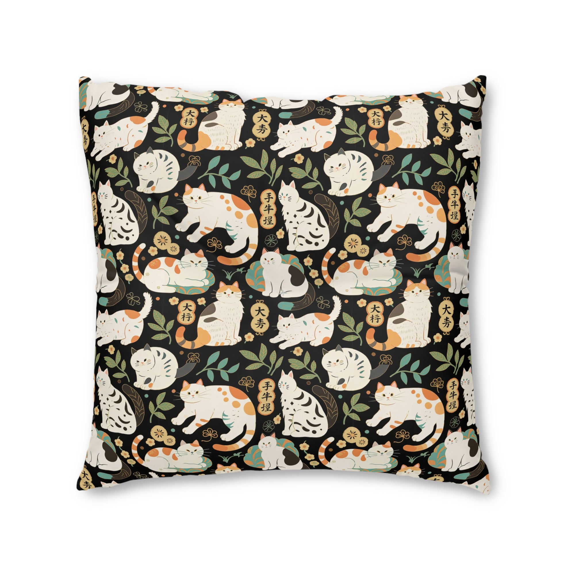 Indoor Square Floor Pillow - Traditional Japanese Maneki-Neko Cats and Auspicious Symbols Grace a Dark Background in this Fortunate Pattern