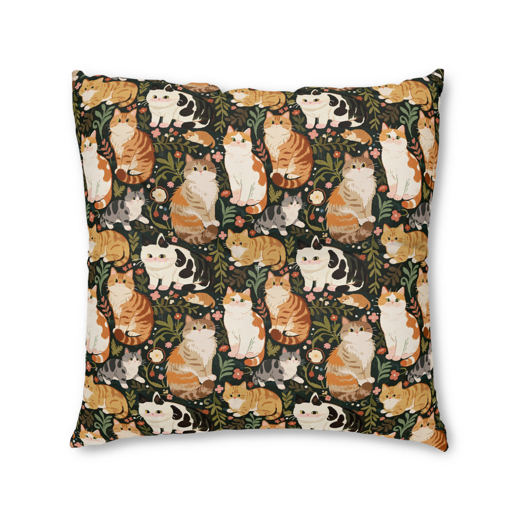Indoor Square Floor Pillow - Whimsical cat and kitten garden party, various cat breeds amidst green foliage and pink flowers, charming animal illustration, dark forest green background, playful and natural art