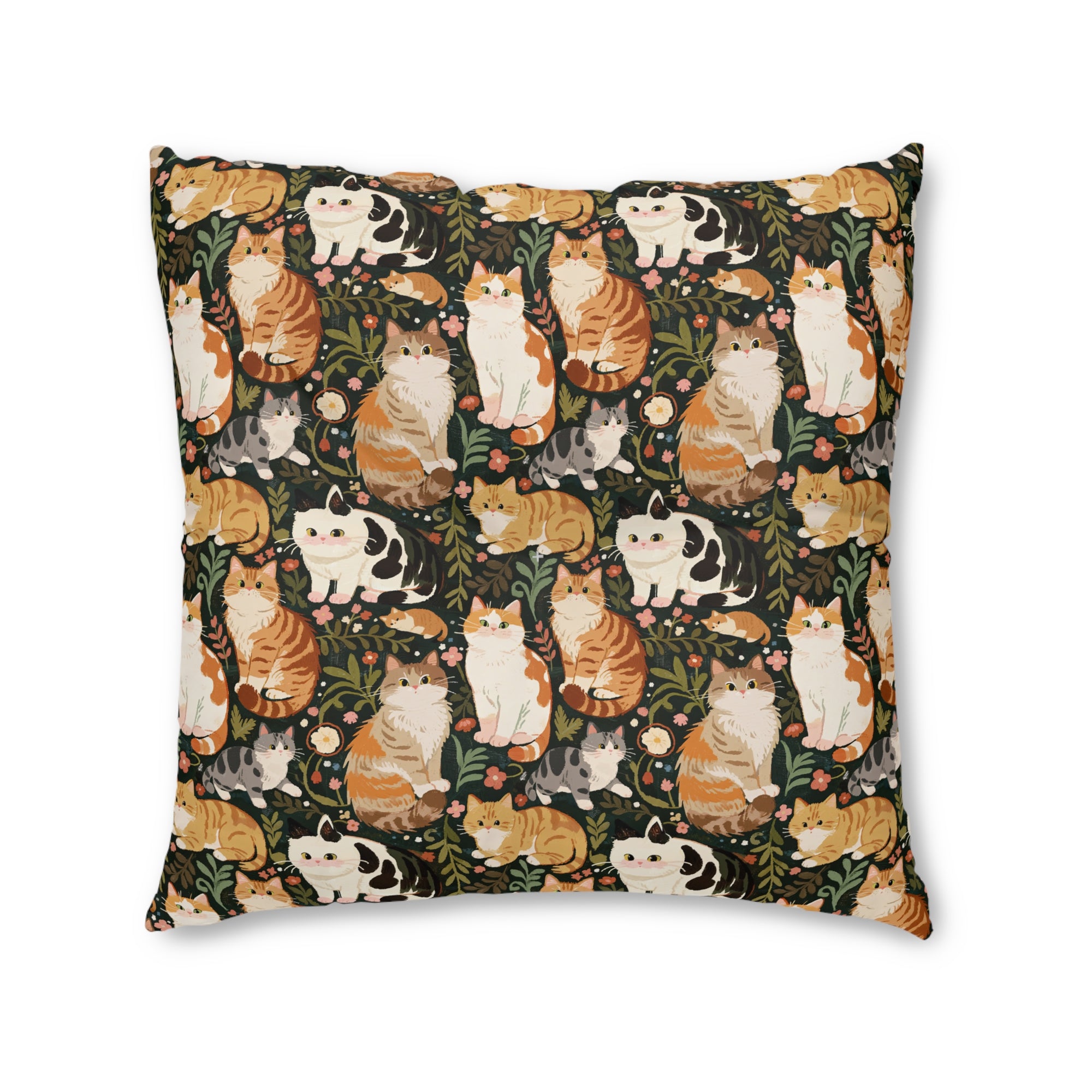 Indoor Square Floor Pillow - Whimsical cat and kitten garden party, various cat breeds amidst green foliage and pink flowers, charming animal illustration, dark forest green background, playful and natural art