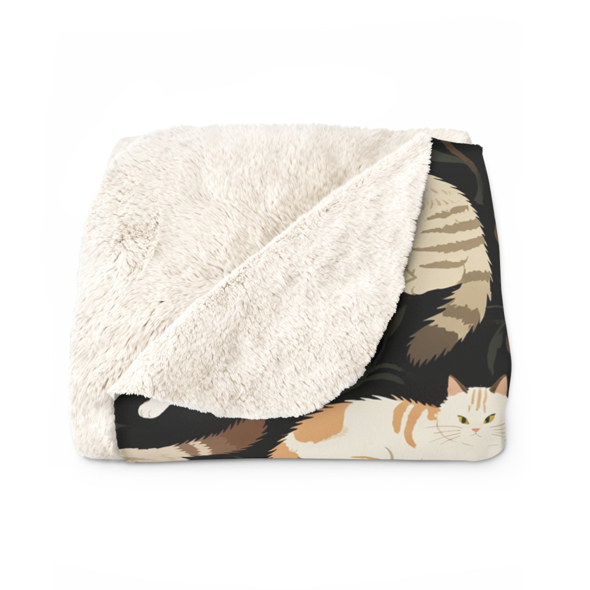 Sherpa Blanket - Earthy Toned Cats Lounge and Play Amidst Dark Foliage in a Serene and Naturally Inspired Seamless Pattern Design