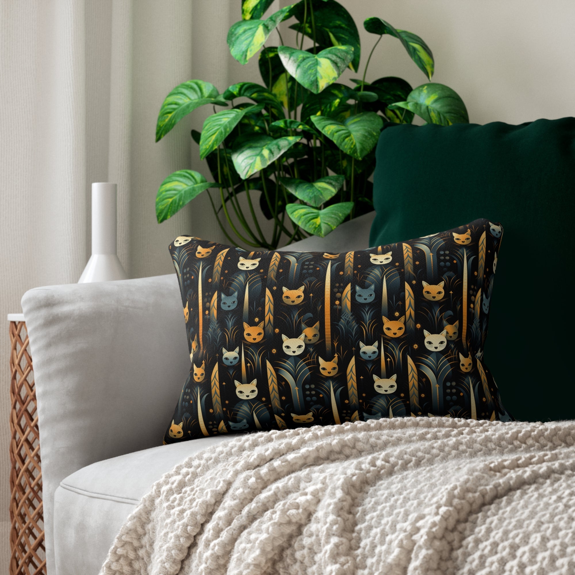 Indoor Lumbar Pillow - A sleek and stylish Art Deco-inspired pattern depicting a serene nocturnal landscape with streamlined cat silhouettes and radiating golden light among abstract plants.