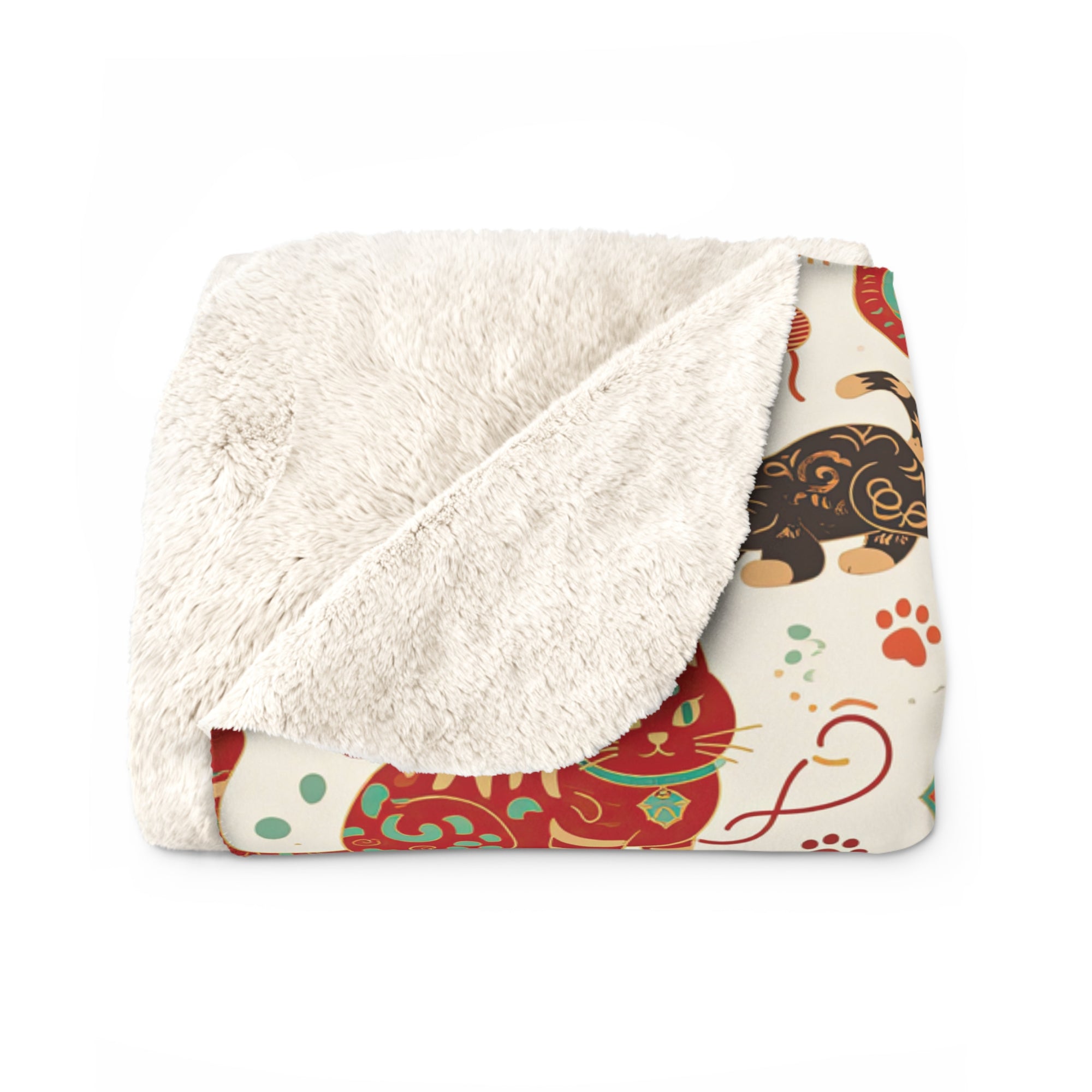Sherpa Blanket - Vibrant boho chic cats and mandalas, colorful folk art style, playful felines with yarn and paw prints, artistic and bohemian cat design, cream background, unique animal print