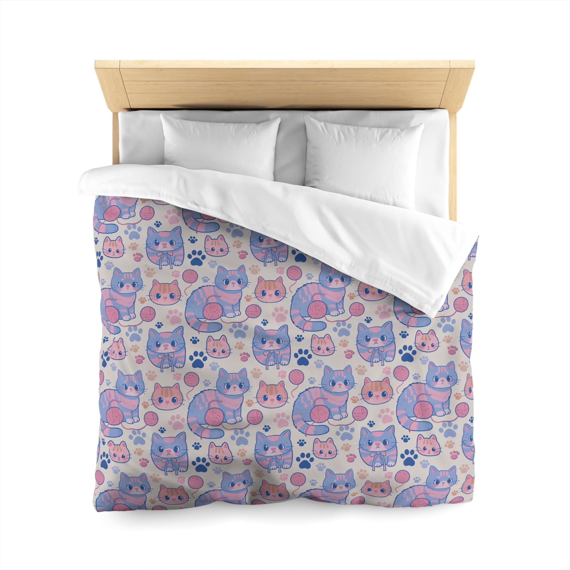 Duvet Cover - Sweet pastel blue and pink cartoon cats, cute kawaii style kittens with yarn and paw prints, charming and playful animal design, light cream background, delightful pet pattern