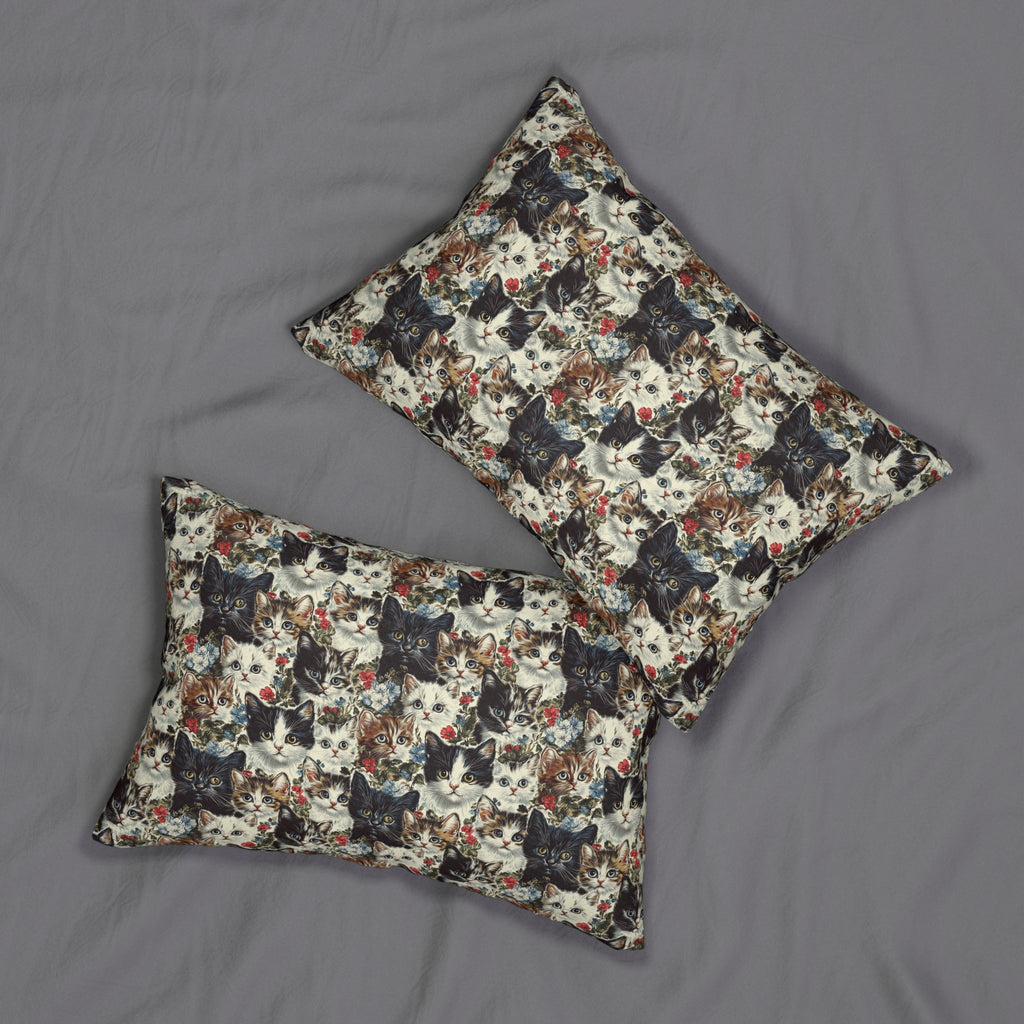 Indoor Lumbar Pillow - Colorful Kitten Faces with Red and Blue Flowers, Whimsical and Bright, Pattern Design