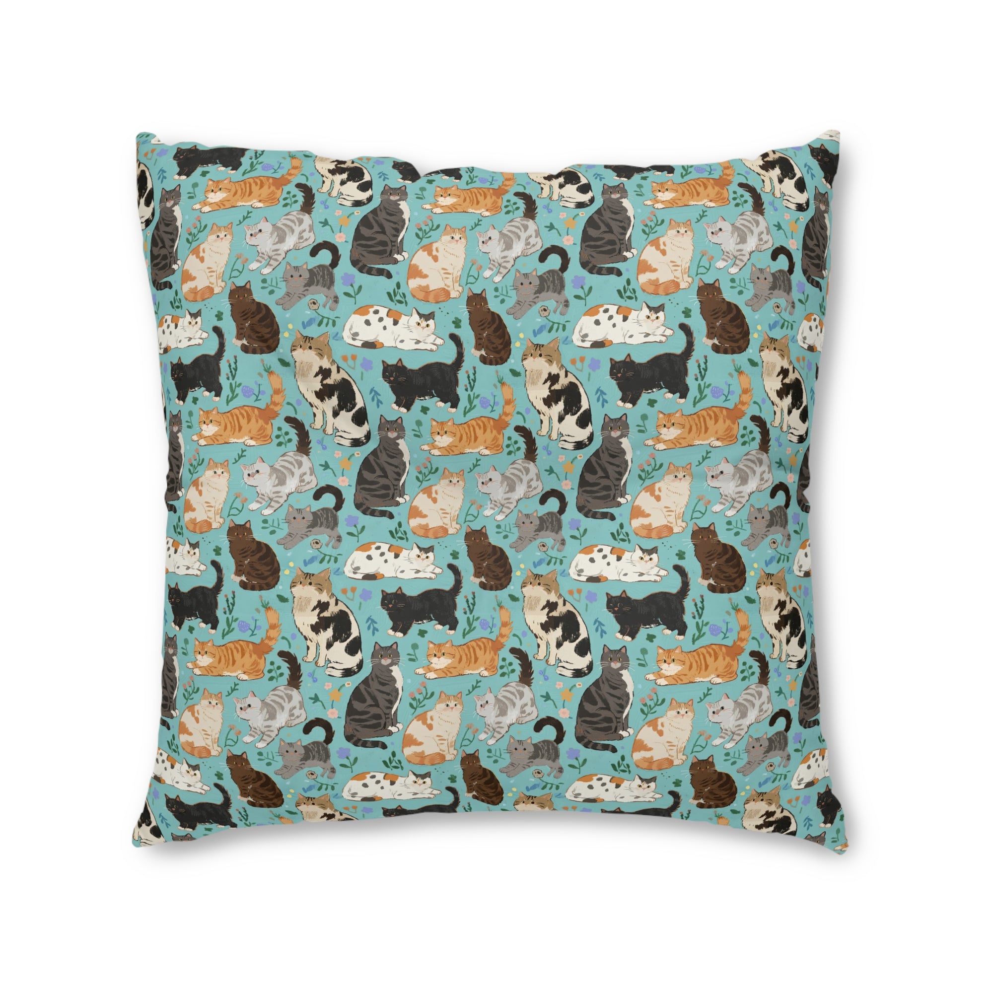 Indoor Square Floor Pillow - A Delightful Assortment of Charming Cats in Diverse Poses and Breeds Scattered Across a Soft Blue Floral Background