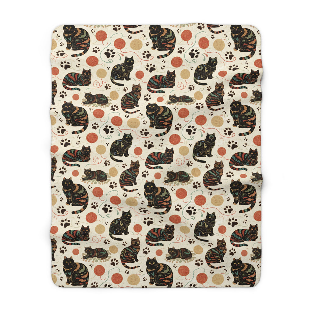 Sherpa Blanket - Intricate tribal patterned black cats, colorful folk art style, playful felines with yarn balls and paw prints, artistic and bohemian cat design, cream background, unique animal print