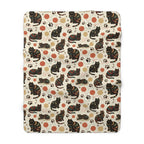 Sherpa Blanket - Intricate tribal patterned black cats, colorful folk art style, playful felines with yarn balls and paw prints, artistic and bohemian cat design, cream background, unique animal print