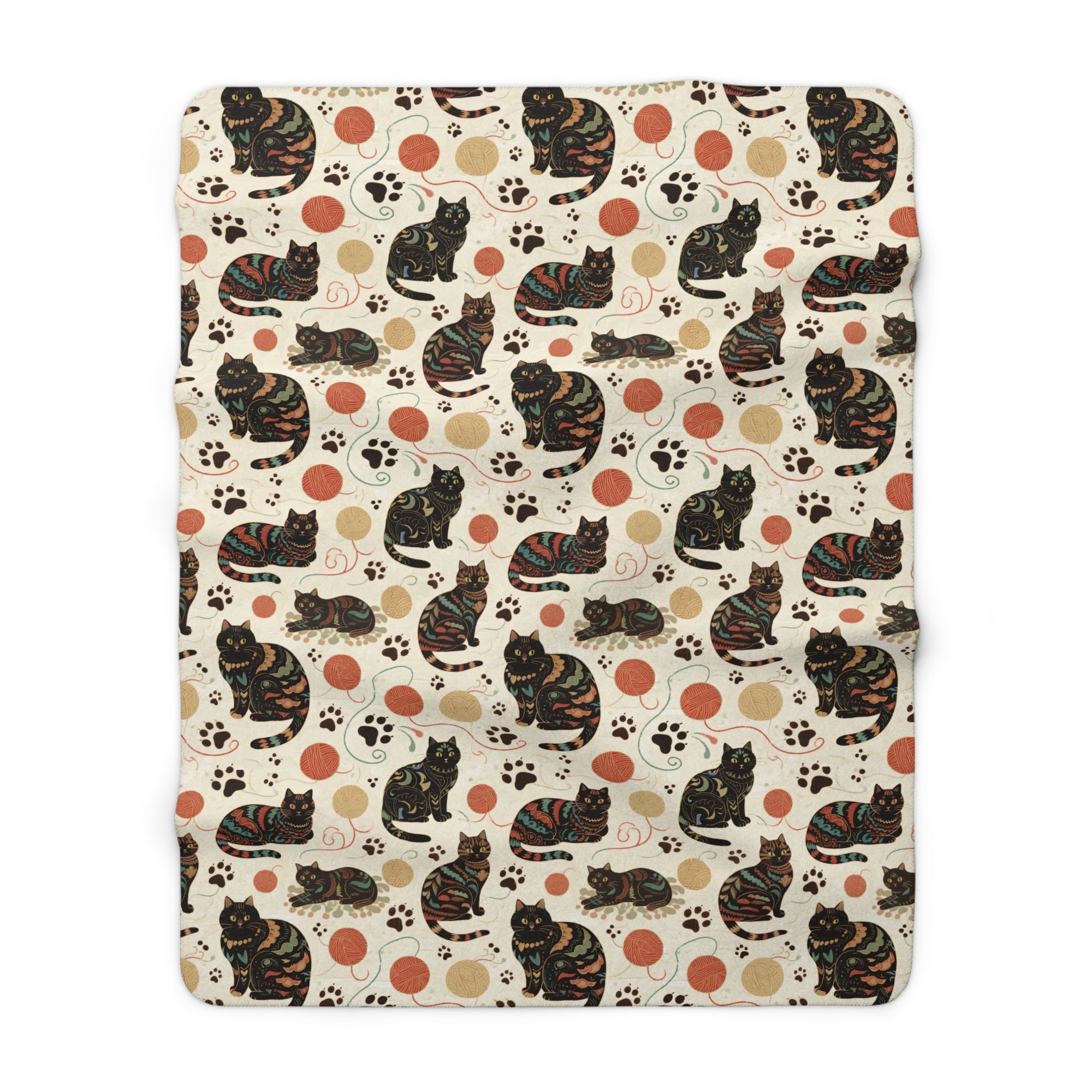 Sherpa Blanket - Intricate tribal patterned black cats, colorful folk art style, playful felines with yarn balls and paw prints, artistic and bohemian cat design, cream background, unique animal print