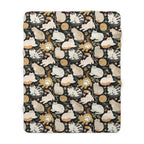 Sherpa Blanket - Diverse cats and kittens in a dark garden, various breeds and colors, soft natural tones with foliage and paw prints, charming animal illustration, dark background, gentle pet themed art