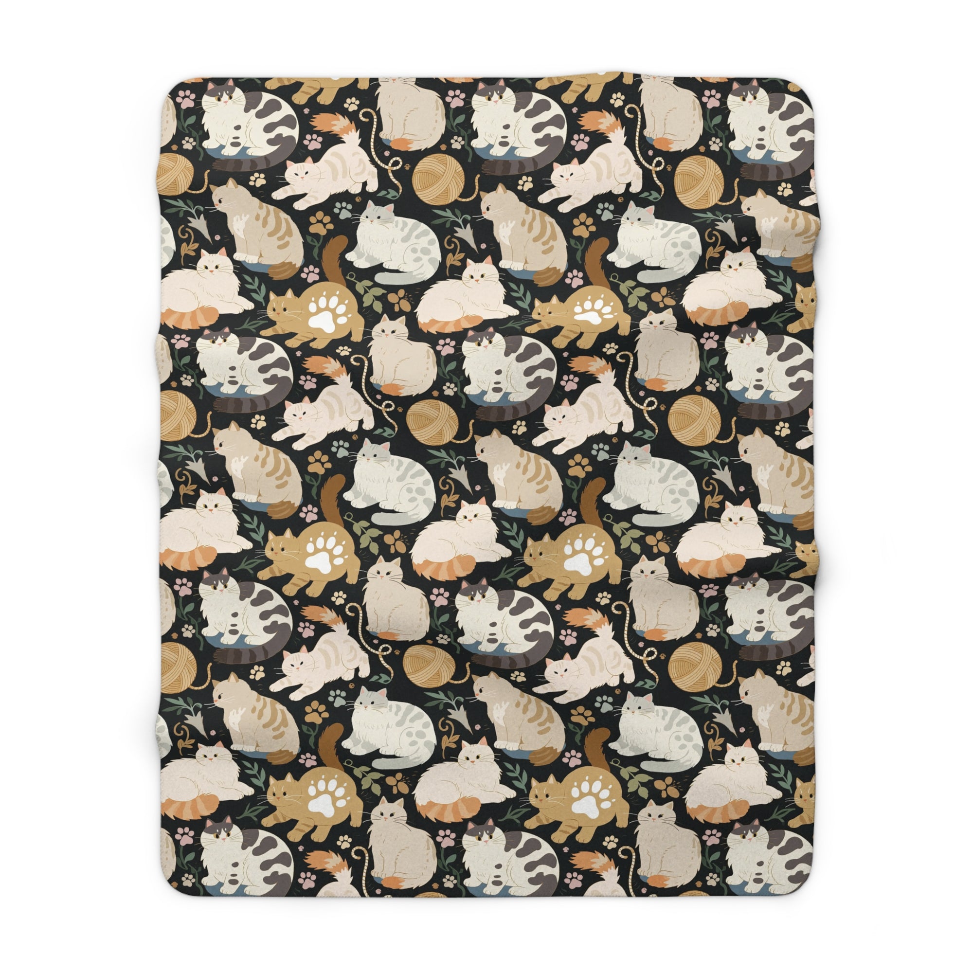 Sherpa Blanket - Diverse cats and kittens in a dark garden, various breeds and colors, soft natural tones with foliage and paw prints, charming animal illustration, dark background, gentle pet themed art