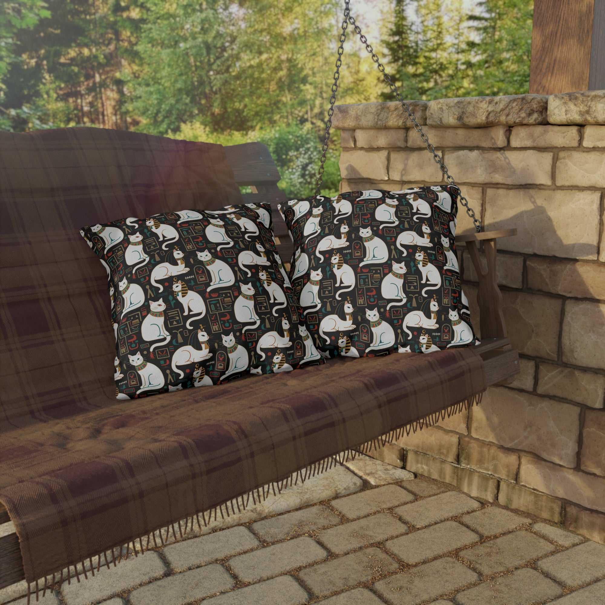 Outdoor Pillow - Regal White Egyptian Cats with Ornate Collars and Ancient Symbols Adorn this Historically Inspired and Mystical Pattern