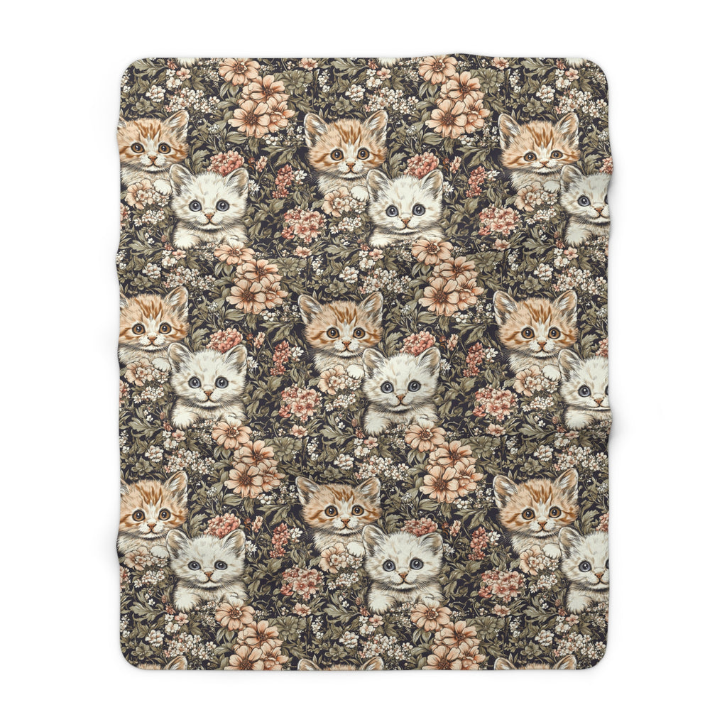 Sherpa Blanket - Peach and White Kittens in Dark Floral Garden, Vintage Style, Sweet and Charming Scene