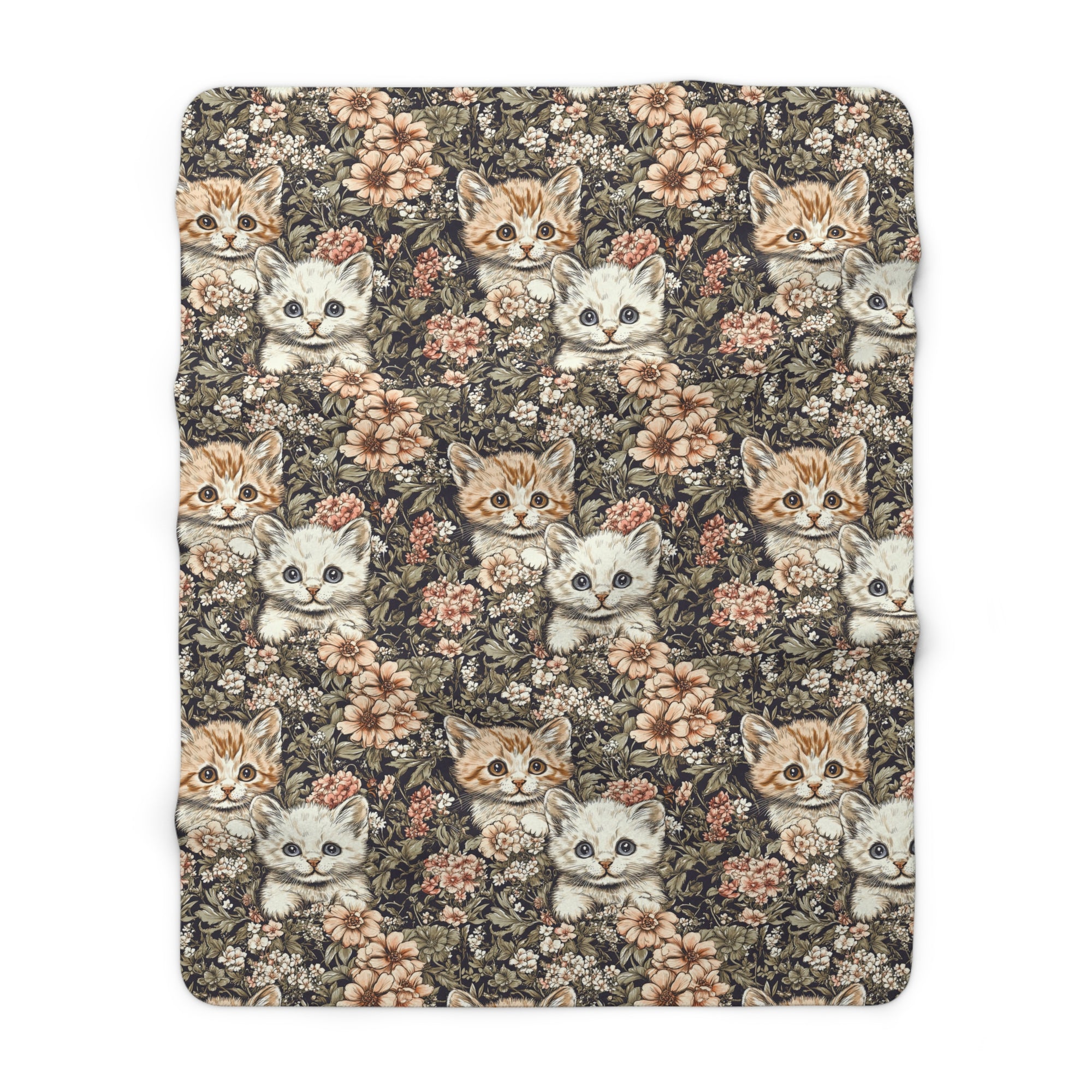 Sherpa Blanket - Peach and White Kittens in Dark Floral Garden, Vintage Style, Sweet and Charming Scene