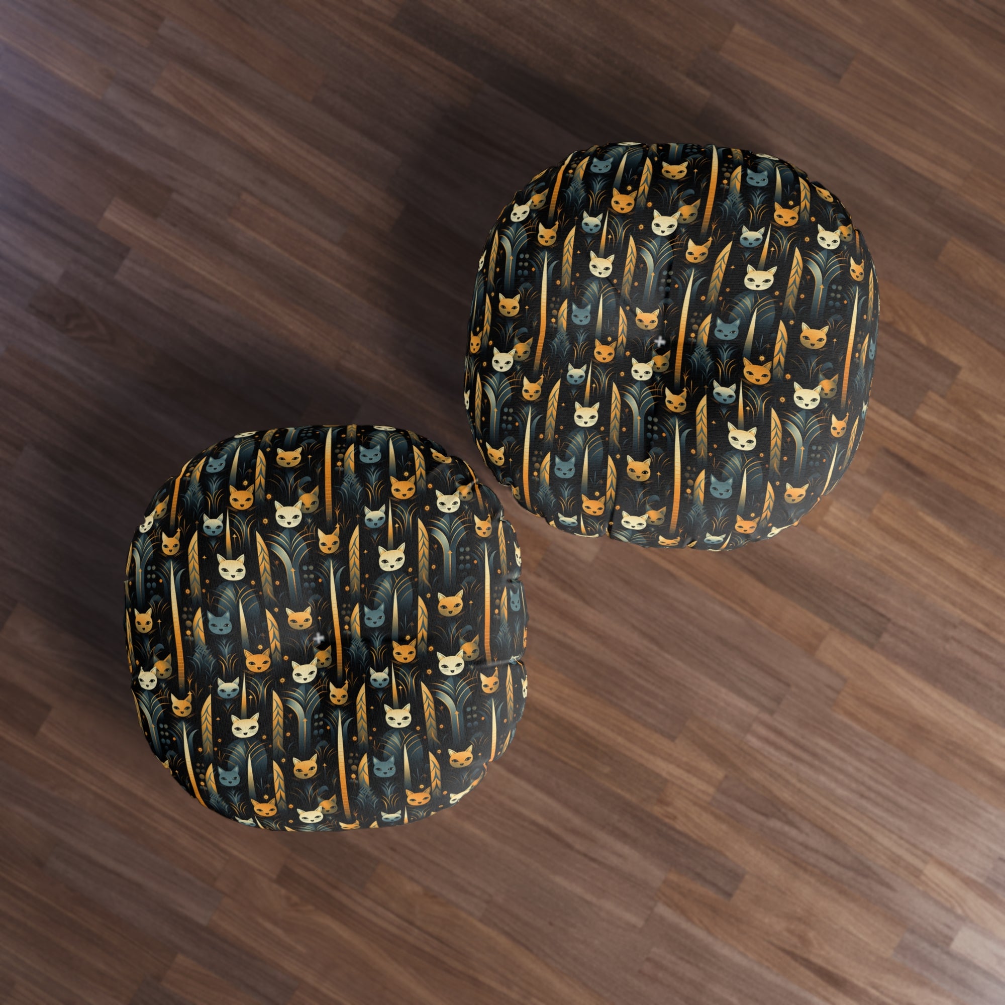 Indoor Round Floor Pillow - A sleek and stylish Art Deco-inspired pattern depicting a serene nocturnal landscape with streamlined cat silhouettes and radiating golden light among abstract plants.