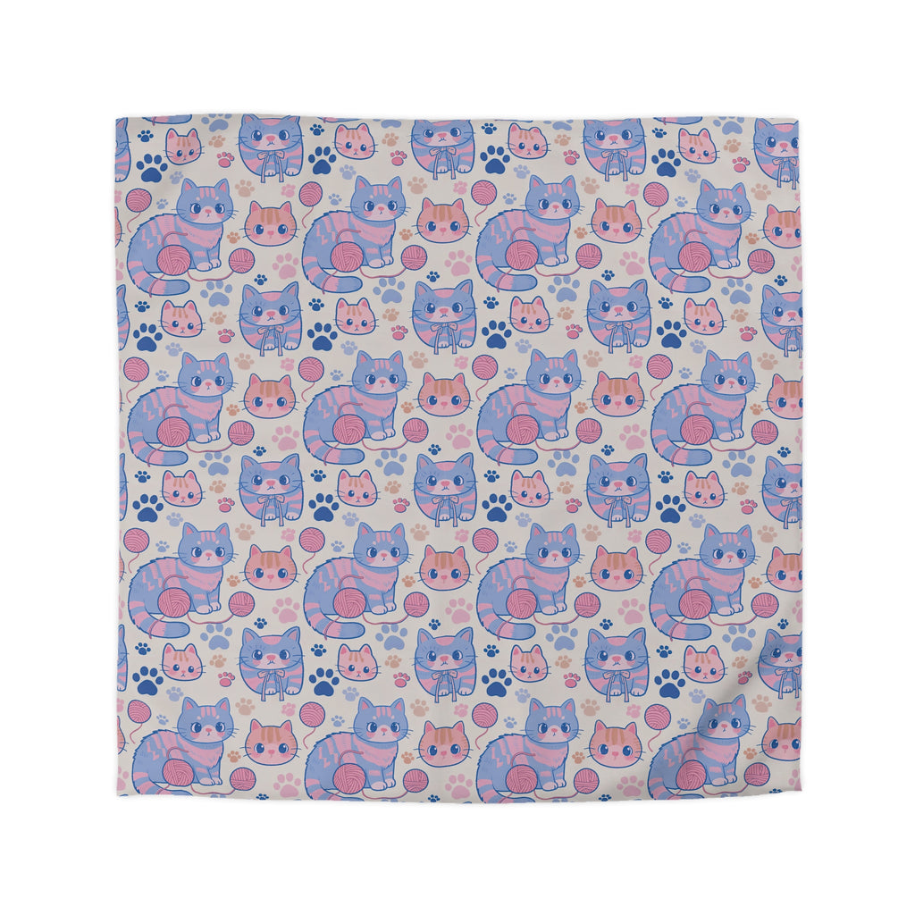 Duvet Cover - Sweet pastel blue and pink cartoon cats, cute kawaii style kittens with yarn and paw prints, charming and playful animal design, light cream background, delightful pet pattern