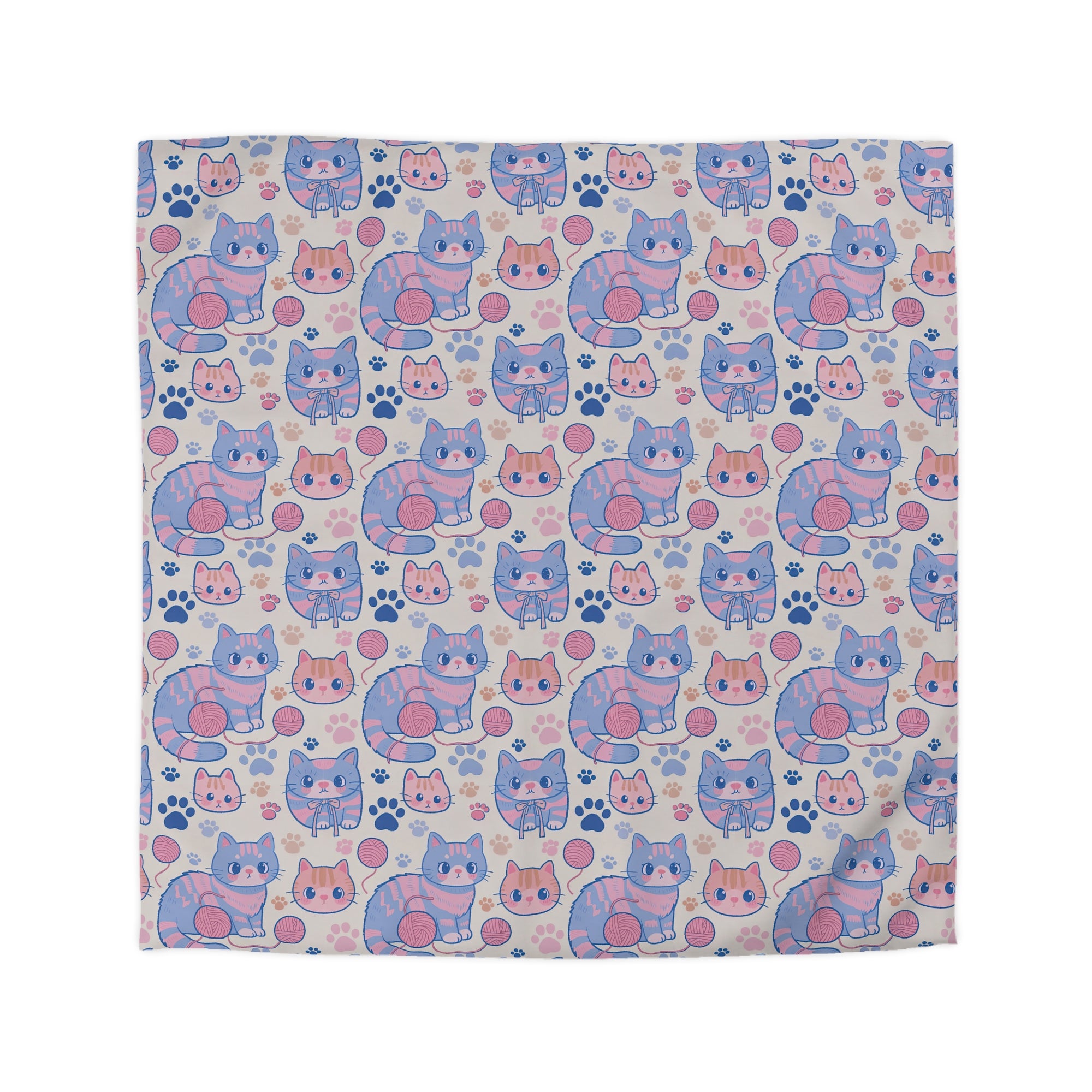 Duvet Cover - Sweet pastel blue and pink cartoon cats, cute kawaii style kittens with yarn and paw prints, charming and playful animal design, light cream background, delightful pet pattern