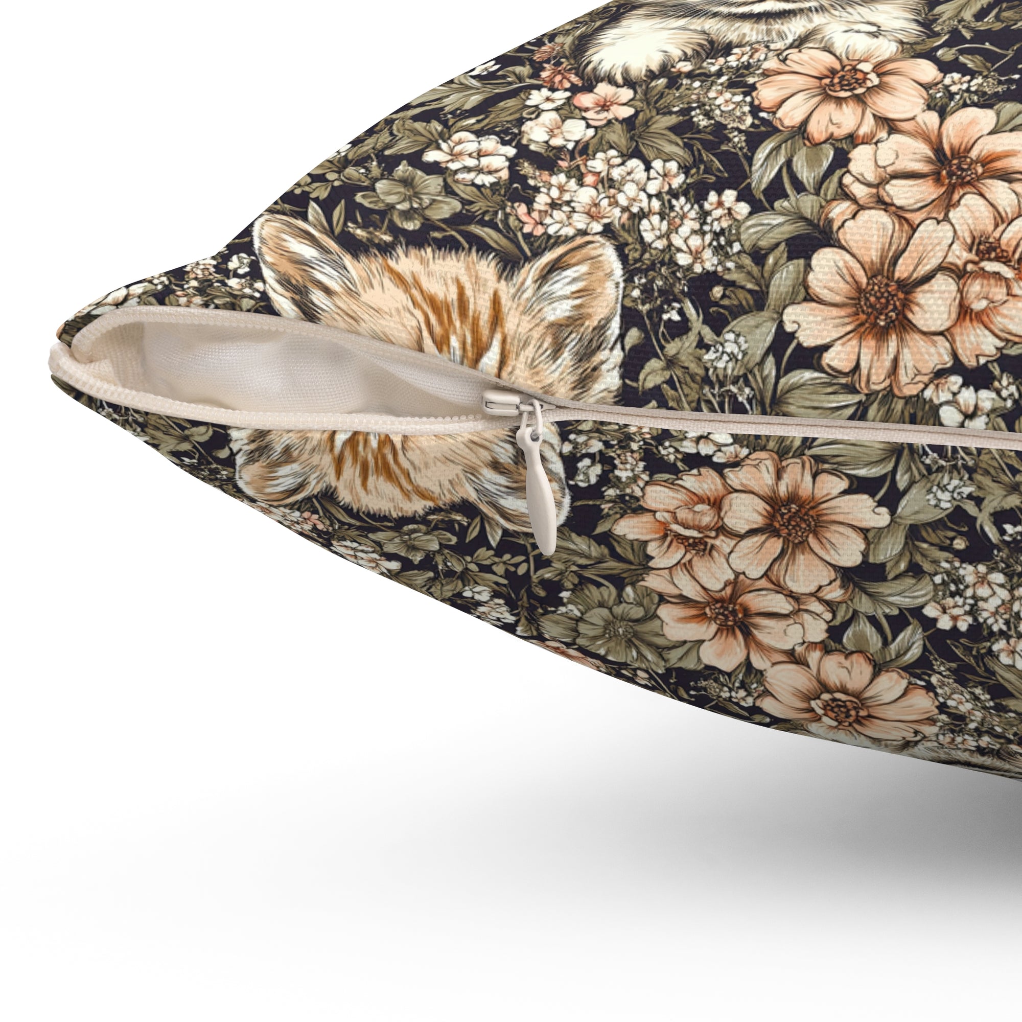 Indoor Square Pillow - Peach and White Kittens in Dark Floral Garden, Vintage Style, Sweet and Charming Scene