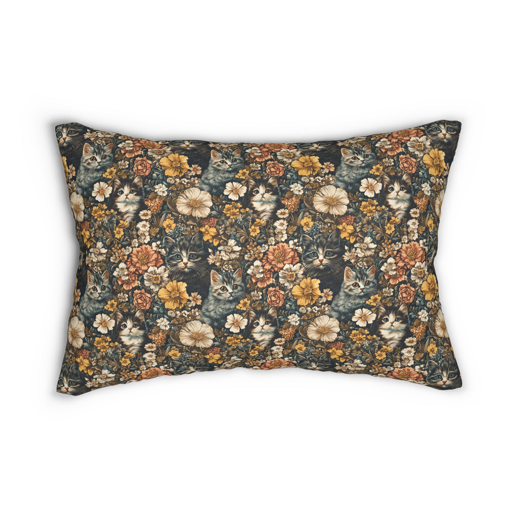 Indoor Lumbar Pillow - Grey Tabby Kittens Among Yellow and Peach Flowers, Moody Vintage Botanical Illustration