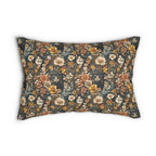 Indoor Lumbar Pillow - Grey Tabby Kittens Among Yellow and Peach Flowers, Moody Vintage Botanical Illustration