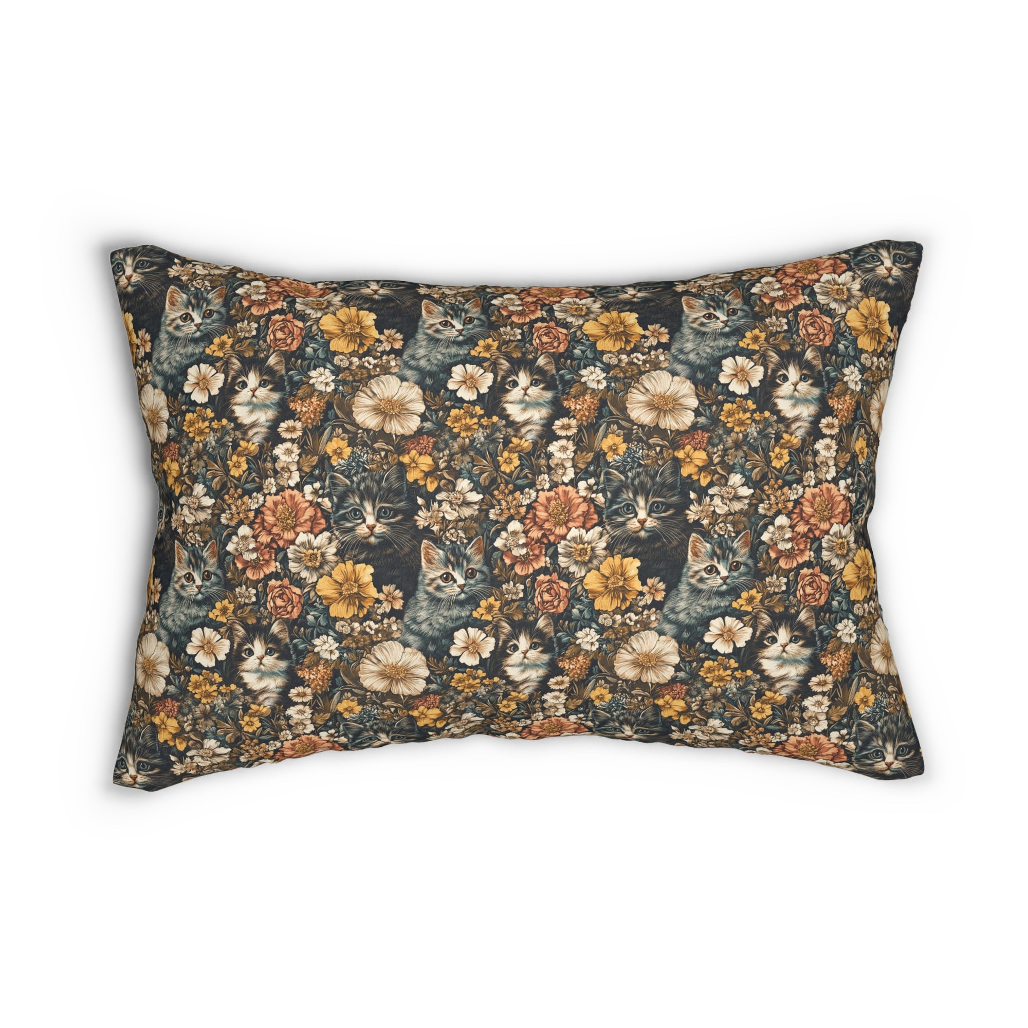 Indoor Lumbar Pillow - Grey Tabby Kittens Among Yellow and Peach Flowers, Moody Vintage Botanical Illustration